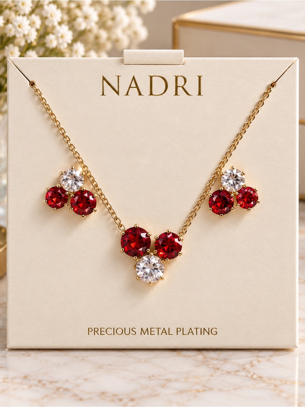 Nadri Red Crystal Cluster Necklace & Stud Earrings Set Gold Tone NWT Gift